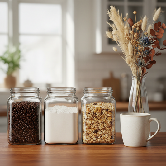 Clear Food Storage Jars 50oz Square — airtight glass canisters with bamboo lids for sugar, flour, coffee, and pantry organization at CafeCove.