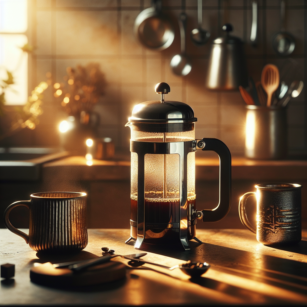 A cozy home kitchen with a French press and coffee mugs arranged for a morning ritual.