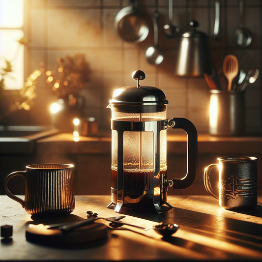 A cozy home kitchen with a French press and coffee mugs arranged for a morning ritual.