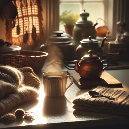 A cozy home kitchen scene with coffee brewing essentials and soft morning light
