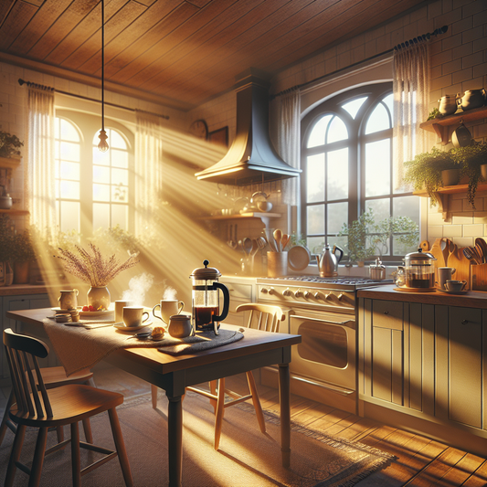 Cozy kitchen counter with French press and mugs in soft morning light